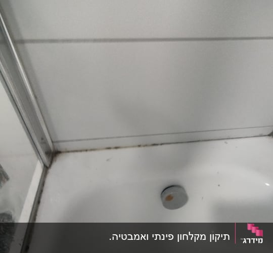 פינה של מקלחון עם דלת זכוכית ורצפת אמבטיה לבנה